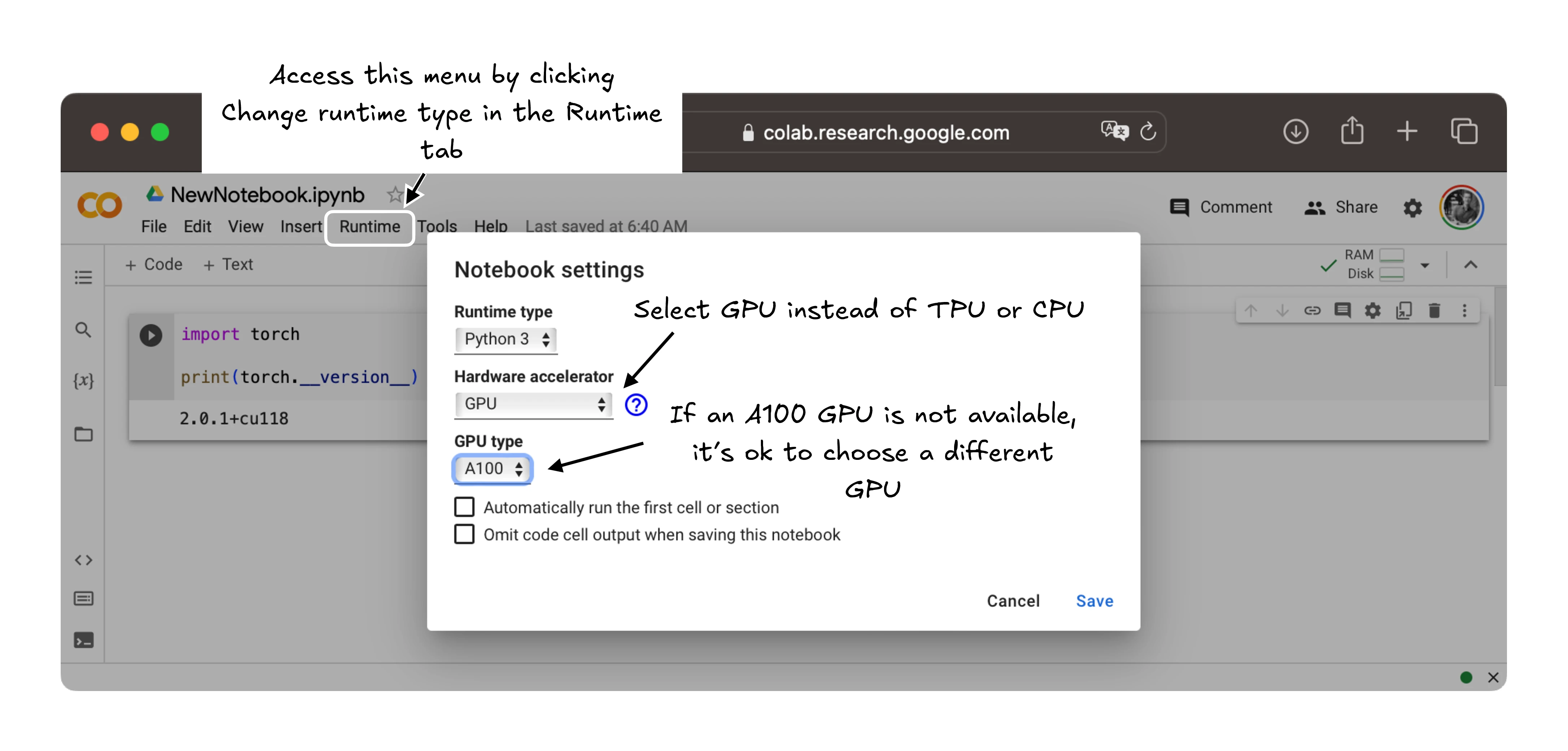 The Google Colab Change runtime type menu with GPU selected.